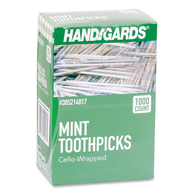HANDGARDS INC. 426605 Individually Wrapped Round Wood Mint Toothpicks, 4", Natural, 1,000/Box, 12 Boxes/Carton