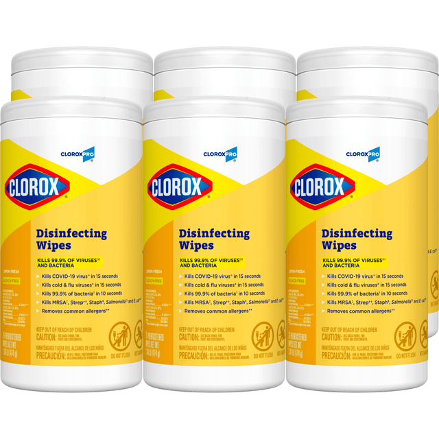 THE CLOROX COMPANY 15948CT CloroxPro Clorox Disinfecting Wipes, Lemon Fresh, 75 Wipes Per Canister, Box Of 6 Canisters THE CLOROX COMPANY 15948CT CloroxPro Clorox Disinfecting Wipes, Lemon Fresh, 75 Wipes Per Canister, Box Of 6 Canisters