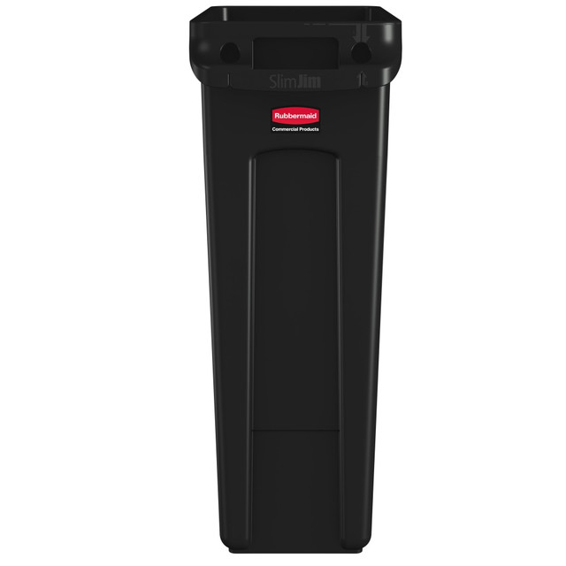 Take care of trash with the Rubbermaid Slim Jim Trash Can. Your liner stays in place as it fills up thanks to the built-in cinches, and the vented design makes it easy to remove liners when its time for emptying. Using the molded-in handles and base grips, lifting and emptying is simple. This trash can is sized to fit just about anywhere for easy integration into your office.  Durable plastic construction.  4 can liner cinches.  Venting channels for easy bag removal.  Molded handles and base grips.  Slim trash can profile.  Backed by the manufacturers 1-year limited warranty.  23-gallon trash can comes in black.