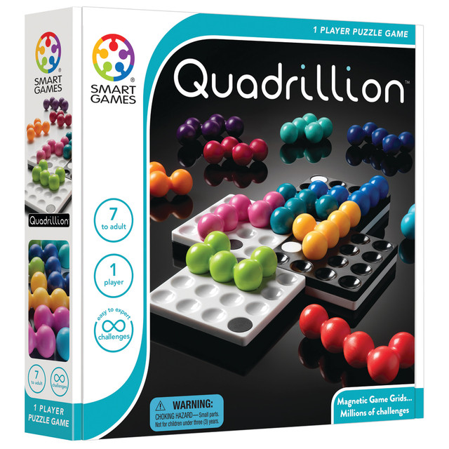 Challenge your brain with nearly never-ending puzzles thanks to the SmartGames Quadrillion 1-Player Puzzle Game. Create your own game board with the magnetic board components, then try to fit all of the 12 puzzle pieces onto the board.  Includes sturdy puzzle pieces and a starter booklet.  Solve puzzles by creating your own board and fitting in the 12 colored pieces.  Offers thousands of variations for nearly endless enjoyment.  Ideal for almost any age.