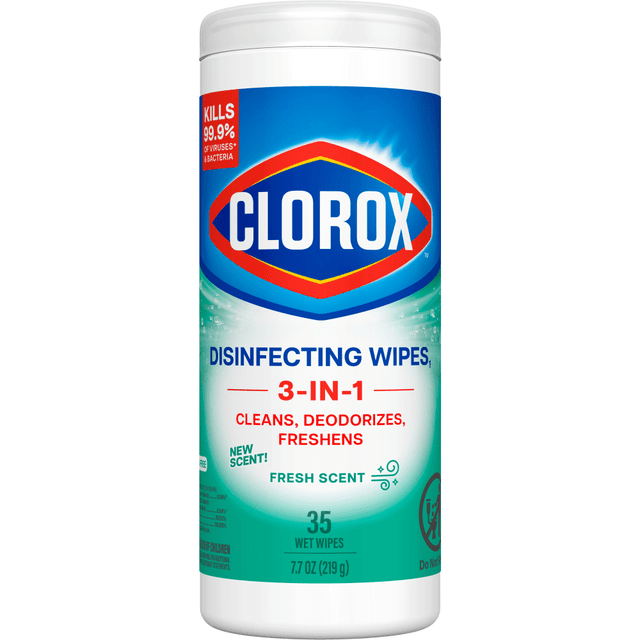Clorox Disinfecting Wipes clean, disinfect, deodorize and remove allergens for 5x cleaning power* and leave a pleasant scent. Disinfecting Wipes clean and disinfect with antibacterial power that kills 99.9% of viruses and bacteria that can live on surfaces, including COVID-19* Virus, staph, E. coli, MRSA, salmonella, strep and Kleb. These all-purpose disposable wipes remove common allergens, germs and messes on surfaces like kitchen counters, bathroom surfaces and more and can prevent the growth of bacteria* for up to 24 hours. Wipes are safe to use on finished wood, sealed granite and stainless steel. Clean with bleach-free wipes to keep dirt and germs away. *5x cleaning power: cleans, disinfects, deodorizes, removes allergens, leaves a scent, removes dirt, removes grime. Kills COVID-19 virus: kills SARS-CoV-2 on hard, nonporous surfaces. Use as directed. Prevents the growth of bacteria: odor causing bacteria on non-food contact surfaces. Allow product to air dry.  DISINFECTING WIPES: Clorox Disinfecting Wipes are proven to kill COVID 19 Virus* in 15 seconds; cleans and kills 99.9% of viruses and bacteria with powerful, 5x cleaning power*, Package may vary  ALL PURPOSE WIPE: These all purpose disposable wipes remove common allergens, germs and messes on surfaces like kitchen counters bathroom surfaces and more, Prevents bacteria* growth for up to 24 hours  MULTI SURFACE CLEANER: Wipes are safe for finished wood sealed granite, stainless steel and non food contact surfaces in the home, office, classroom, pet area, locker room and more  DISPOSABLE WIPES: This canister easily dispenses disposable antibacterial wipes with a pleasant scent, dispose of wipes according to manufacturer instructions  GREAT FOR COMMERCIAL USE: Ideal for use in offices, day care centers, schools, hotels, restaurants and other commercial facilities  Antimicrobial is an agent that kills microorganisms or stops their growth.