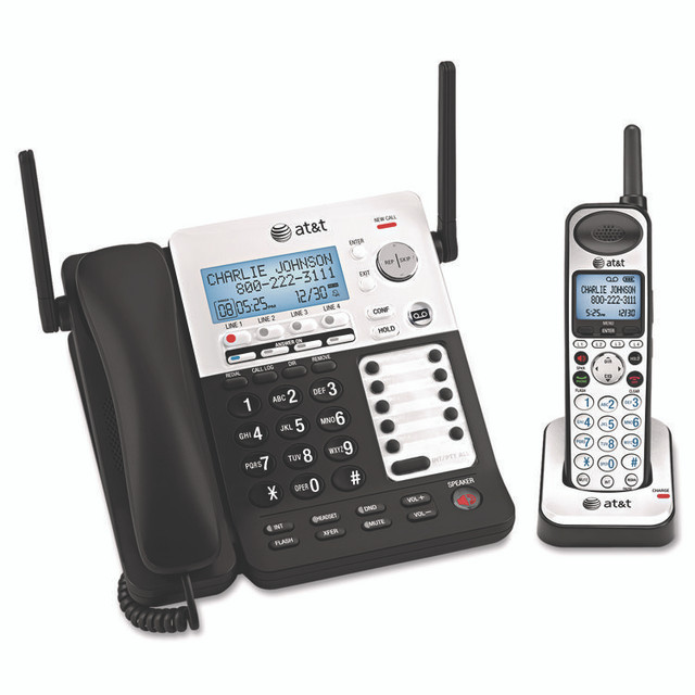 VTECH COMMUNICATIONS AT&T® SB67138 SB67138 DECT 6.0 Phone/Answering System, 4 Line, 1 Corded/1 Cordless Handset, Silver/Black