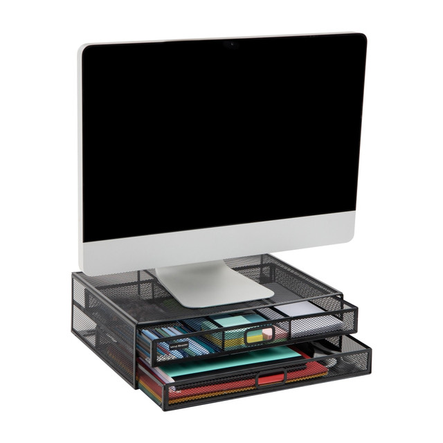 EMS MIND READER LLC Mind Reader 2TDMESHY-BLK  Metal Monitor Stand Ventilated Laptop Riser Storage Drawer, 4-1/2inH x 11-3/4inW x 15-3/4inD, Black