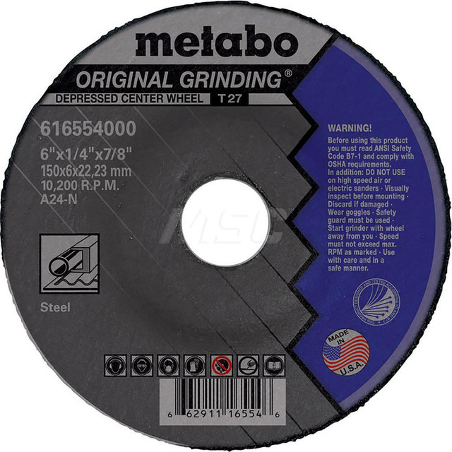 Metabo US616554000 Depressed Grinding Wheel:  Type 27,  6" Dia,  1/4" Thick,  7/8" Hole,  Aluminum Oxide