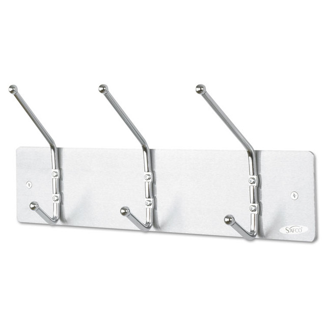 SAFCO PRODUCTS 4161 Metal Wall Rack, Three Ball-Tipped Double-Hooks, Metal, 18w x 3.75d x 7h, Satin