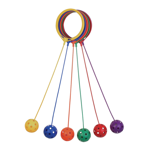 Spin these colorful balls around your ankle for fun exercise  Colorful balls offer a cool look during play.  18in cords keep the toy swinging.  5 1/2in ankle rings to put your foot through.