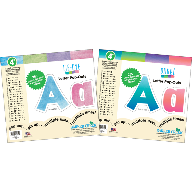 BARKER CREEK PUBLISHING, INC. 4347 Barker Creek Letter Pop-Outs, 4in, Tie-Dye & Ombre, Set of 510 Pop-Outs BARKER CREEK PUBLISHING, INC. 4347 Barker Creek Letter Pop-Outs, 4in, Tie-Dye & Ombre, Set of 510 Pop-Outs