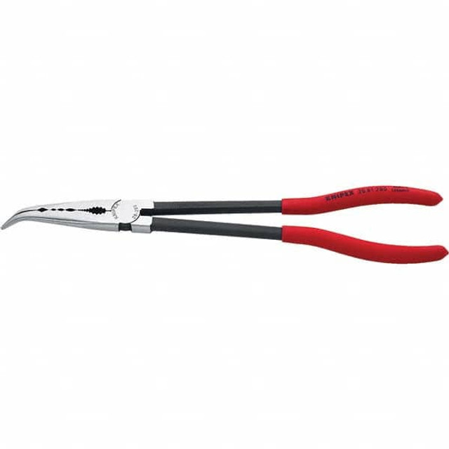 Knipex 28 81 280 SBA Bent Nose Pliers; Type: Needle Nose; Jaw Texture: Serrated; Jaw Width: 9 mm; Jaw Bend: 45 0; Tip Thickness: 2.5 mm; Body Material: Steel; Tether Style: Not Tether Capable; Standards: DIN ISO 5745; Tool Style: Angled Long Nose Pli