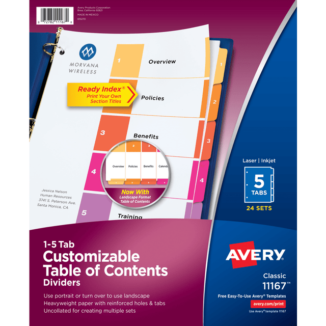 AVERY PRODUCTS CORPORATION 11167 Avery Ready Index 1-5 Tab Binder Dividers With Customizable Table of Contents, 8-1/2in x 11in, 5 Tab, White/Multicolor, Box Of 24 Sets