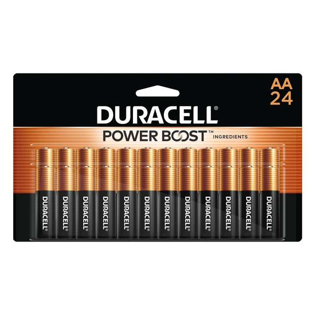 Duracell Coppertop AA batteries with POWER BOOST Ingredients deliver dependable power to your everyday devices throughout the home and office, like toys, remote controls, flashlights, calculators, clocks and radios, wireless mice, keyboards, and more. With a guarantee of 12 years in storage, you can rest assured they will be ready when you need them. Duracell guarantees these batteries against defects in material and workmanship. From storm season to holiday needs, Duracell is the #1 trusted battery brand for the moments that matter most.  FORMULATED WITH POWER BOOST INGREDIENTS: Duracell Coppertop AA alkaline batteries contain Duracell"s patented POWER BOOST Ingredients which deliver lasting performance in your devices.  GUARANTEED FOR 12 YEARS IN STORAGE: Duracell guarantees each Coppertop AA alkaline battery to last 12 years in storage, so you can be confident these batteries will be ready when you need them.  DEPENDABLE POWER: Duracell Coppertop AA batteries are made to power everyday devices throughout the home or office, like TV and gaming remotes, cameras, flashlights, toys, and more.  #1 TRUSTED BATTERY BRAND: From storm prep to holiday needs, Duracell is the #1 trusted battery brand for the moments that matter most.  QUALITY ASSURANCE: With Duracell batteries, quality is assured, as every Duracell product is guaranteed against defects in material and workmanship.  Pack of 24 AA batteries