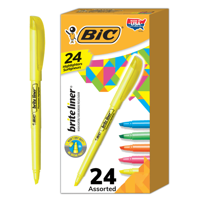 BIC CORP BL241-AST BIC Brite Liner Highlighters Pocket Style, Chisel Tip, Assorted, Box Of 24 BIC CORP BL241-AST BIC Brite Liner Highlighters Pocket Style, Chisel Tip, Assorted, Box Of 24