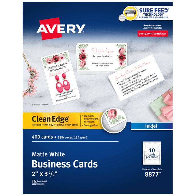 AVERY PRODUCTS CORPORATION 8877 Avery Clean Edge Printable Business Cards With Sure Feed Technology For Inkjet Printers, 2in x 3.5in, White, 400 Blank Cards