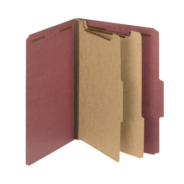 Minimize the time you spend searching for documents and increase the efficiency of your filing system. Ideal for offices looking to become more sustainable, these classification file folders are heavy duty enough to make excellent project files while helping to divert waste materials from landfills.  Durable pressboard stock helps ensure these classification folders with dividers will last. Dividers are made of 17-pt. fiberboard.  Pressboard folders are tabbed 2/5 cut, right of center position. Divider tabs are 1/3 cut.  Letter-size (8 1/2in x 11in) folder with 2 dividers features 2 embossed fasteners in positions 1 & 3 provide 2 separate filing surfaces. Red classification folders offer 1in twin-prong fasteners on both sides of dividers.  Greener choice - contains 100% total recycled content with 30% postconsumer recycled content. Dividers contains 100% recycled content with 80% postconsumer recycled content.  SFI Fiber-Sourcing Certified.  Contains Recycled Content - See Specs for Details.