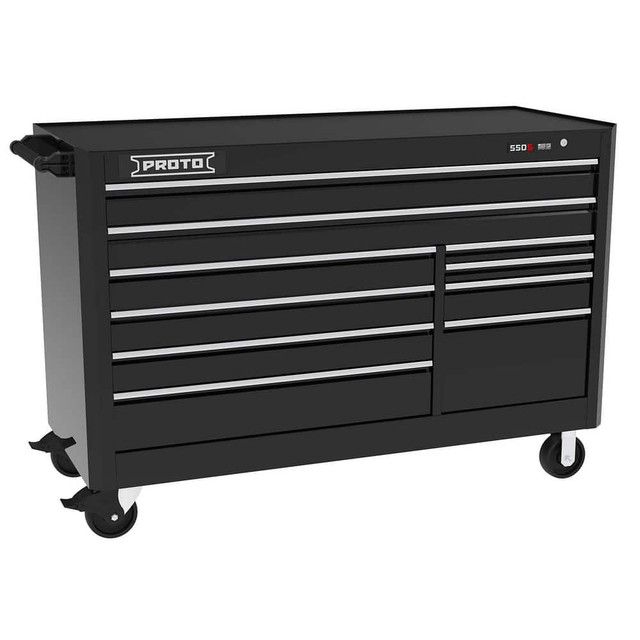 Proto J556646B-10BK Tool Roller Cabinets; Drawers Range: 10 - 15 Drawers ; Overall Weight Capacity: 900lb ; Top Material: Vinyl ; Color: Gloss Black ; Locking Mechanism: Keyed ; Width Range: 48" and Wider