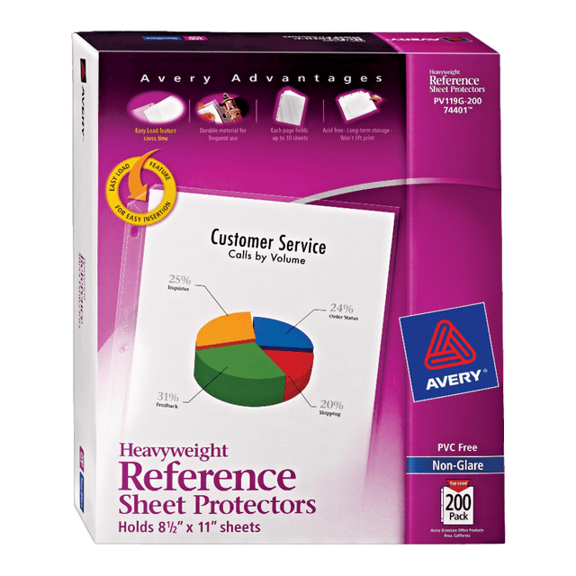 AVERY PRODUCTS CORPORATION 74401 Avery Non-Glare Heavyweight Sheet Protectors With Easy Load, 8 1/2in x 11in, Top Loading, Pack Of 200 AVERY PRODUCTS CORPORATION 74401 Avery Non-Glare Heavyweight Sheet Protectors With Easy Load, 8 1/2in x 11in, Top Loading, Pack Of 200