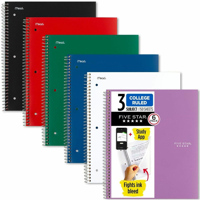 MEADWESTVACO CORP 73930 Mead Five Star Spiral Notebooks, 8.5in x 11in, 3 Subject, College Ruled, 150 Sheets, Assorted, Pack Of 6