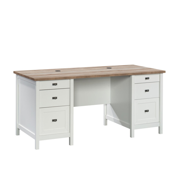 SAUDER WOODWORKING CO. 430227 Sauder Cottage Road 66inW Executive Double-Pedestal Computer Desk With Drawers, White/Lintel Oak