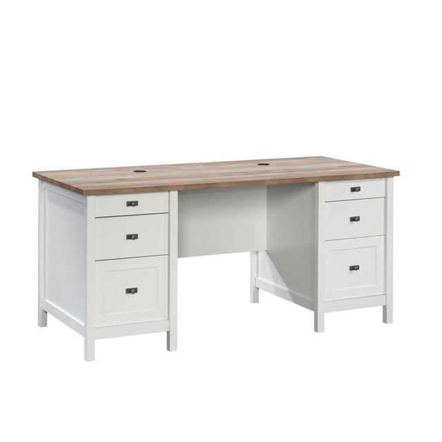 SAUDER WOODWORKING CO. Sauder 430227  Cottage Road 66inW Executive Double-Pedestal Computer Desk With Drawers, White/Lintel Oak