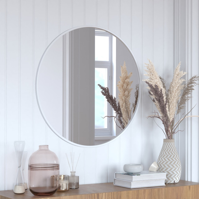 FLASH FURNITURE HFKHD0GD102315  Julianne Round Metal-Framed Wall Mirror, 30inH x 30inW x 3/4inD, Silver