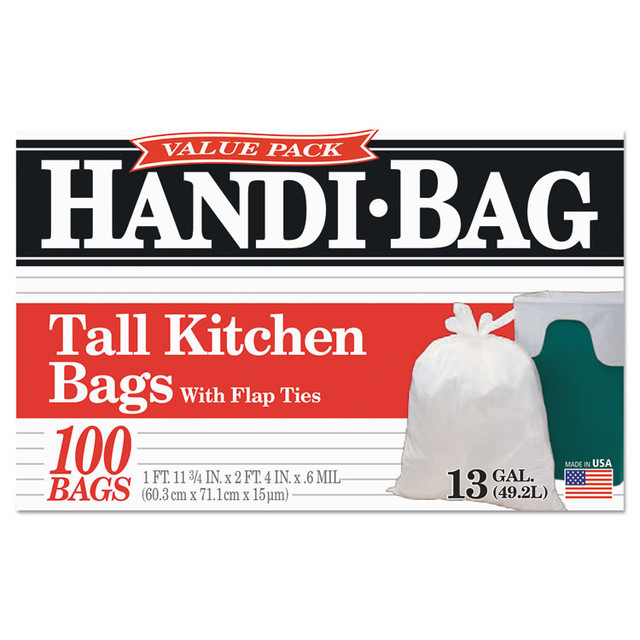 WEBSTER INDUSTRIES Handi-Bag® HAB6FK100CT Super Value Pack Can Liners, 13 gal, 0.6 mil, 23.75" x 28", White, 100 Bags/Box, 6 Boxes/Carton