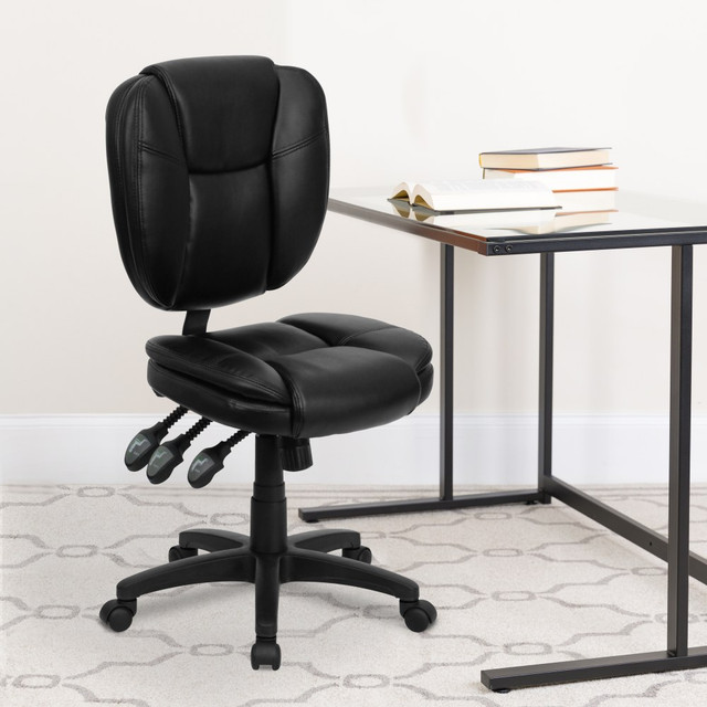 FLASH FURNITURE GO-930F-BK-LEA-GG  LeatherSoft Faux Leather Mid-Back Multifunction Ergonomic Swivel Task Chair, Black