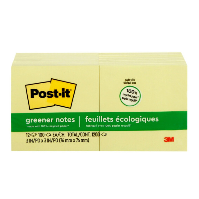 Post-it Greener Notes are the greener version of the original Post-it Notes you know and love. Unique adhesive designed for use on paper or in planners.  The paper in Post-it Notes is sourced from certified, renewable and responsibly managed forests  Use for lists or reminders to yourself or others  3 in. x 3 in., Canary Yellow  Made with water-based adhesive and 100% recycled paper  Post-it Greener Notes are recyclable  The paper in Post-it Notes is sourced from certified, renewable and responsibly managed forests  12 Pads/Pack, 100 Sheets/Pad  Contains Recycled Content - See Specs for Details.