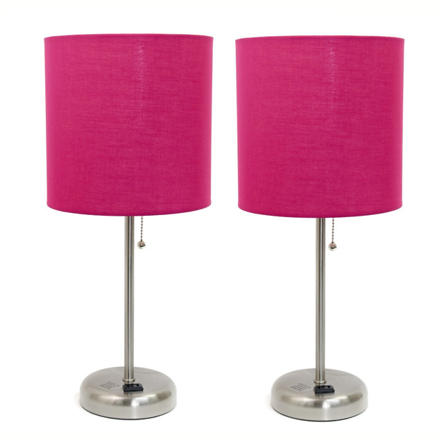 ALL THE RAGES INC LimeLights LC2001-PNK-2PK  Stick Desktop Lamps With Charging Outlets, 19-1/2in, Pink Shade/Brushed Nickel Base, Set Of 2 Lamps