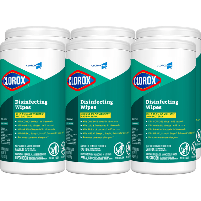 Clorox Disinfecting Wipes clean, disinfect, deodorize and remove allergens for 5x cleaning power* and leave a pleasant scent. Disinfecting Wipes clean and disinfect with antibacterial power that kills 99.9% of viruses and bacteria that can live on surfaces, including COVID-19* Virus, staph, E. coli, MRSA, salmonella, strep and Kleb. These all-purpose disposable wipes remove common allergens, germs and messes on surfaces like kitchen counters, bathroom surfaces and more and can prevent the growth of bacteria* for up to 24 hours. Wipes are safe to use on finished wood, sealed granite and stainless steel. Clean with bleach-free wipes to keep dirt and germs away. *5x cleaning power: cleans, disinfects, deodorizes, removes allergens, leaves a scent, removes dirt, removes grime. Kills COVID-19 virus: kills SARS-CoV-2 on hard, nonporous surfaces. Use as directed. Prevents the growth of bacteria: odor causing bacteria on non-food contact surfaces. Allow product to air dry.  DISINFECTING WIPES: Clorox Disinfecting Wipes are proven to kill COVID 19 Virus* in 15 seconds; cleans and kills 99.9% of viruses and bacteria with powerful, 5x cleaning power*, Package may vary  ALL PURPOSE WIPE: These all purpose disposable wipes remove common allergens, germs and messes on surfaces like kitchen counters bathroom surfaces and more, Prevents bacteria* growth for up to 24 hours  MULTI SURFACE CLEANER: Wipes are safe for finished wood sealed granite, stainless steel and non food contact surfaces in the home, office, classroom, pet area, locker room and more  DISPOSABLE WIPES: This canister easily dispenses disposable antibacterial wipes with a pleasant scent, dispose of wipes according to manufacturer instructions  GREAT FOR COMMERCIAL USE: Ideal for use in offices, day care centers, schools, hotels, restaurants and other commercial facilities  Wipes with a fresh scent come 75 wipes per tub. Disinfecting wipes come in a box of 6 tubs, making them ideal for offices, day care centers, restaurants and other commercial facilities.  Antimicrobial is an agent that kills microorganisms or stops their growth.