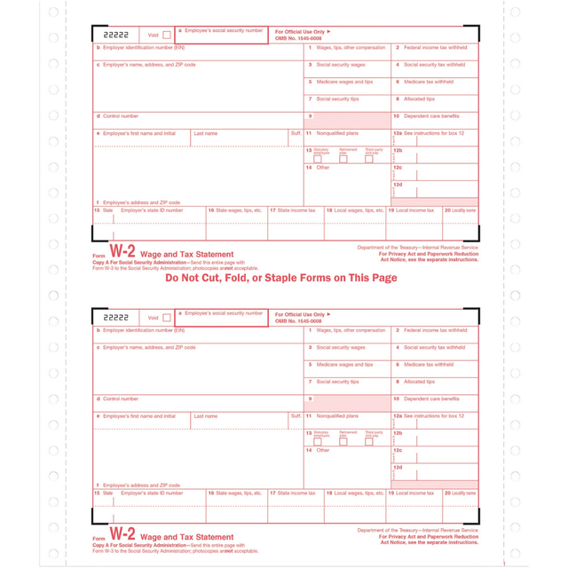 TOPS BUSINESS FORMS 2204 TOPS Carbonless Standard W-2 Tax Forms, 5 1/2in x 8 1/2in, 4-Part, White, Pack Of 24 TOPS BUSINESS FORMS 2204 TOPS Carbonless Standard W-2 Tax Forms, 5 1/2in x 8 1/2in, 4-Part, White, Pack Of 24