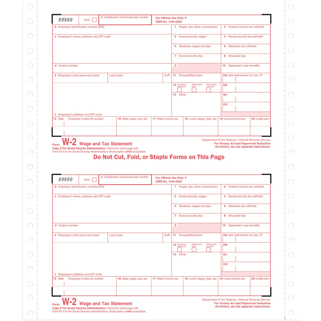 TOPS BUSINESS FORMS TOPS 2204  Carbonless Standard W-2 Tax Forms, 5 1/2in x 8 1/2in, 4-Part, White, Pack Of 24
