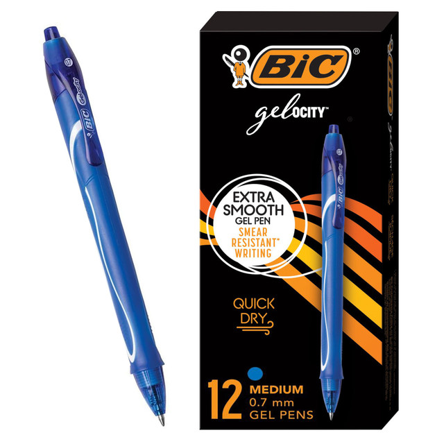 BIC CORP RGLCG11-BLU BIC Gel-ocity Quick Dry Retractable Gel Pens, Medium Point, 0.7 mm, Blue Barrel, Blue Ink, Pack Of 12