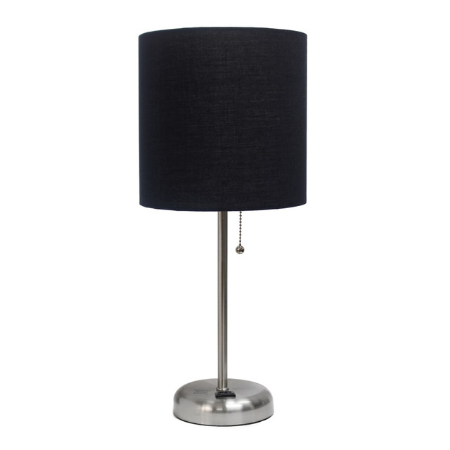 ALL THE RAGES INC CWT-2009-BK Creekwood Home Oslo Power Outlet Metal Table Lamp, 19-1/2inH, Black Shade/Brushed Steel Base