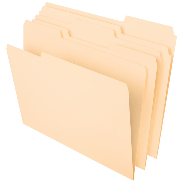 Get ample room for labeling with these Office Depot manila tab-cut file folders. The sturdy manila construction easily withstands frequent handling, keeping your documents safe, and the generous top tab offers plenty of space for handwriting or labels. These folders fit easily into standard hanging files and cabinets. Featuring a 1/4-inch scored bottom, these Office Depot manila tab-cut file folders provide room for multiple documents.  Tabbed manila folders are scored for 3/4in expansion.  Tab-cut file folders are made of manila stock for frequent handling.  Standard file folders fit in most file cabinets.  8/12in x 11in with 1/3 tab cut for labels.  Assorted positions for viewing.  Pack of 100 manila file folders.