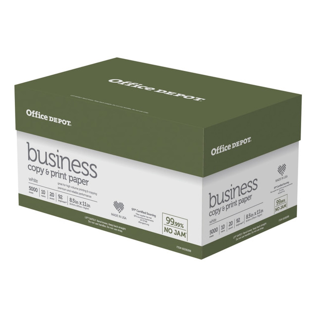 OFFICE DEPOT ODBCP92-CTN  Business Multi-Use Printer & Copy Paper, White, Letter (8.5in x 11in), 5000 Sheets Per Case, 20 Lb, 92 Brightness, Case Of 10 Reams