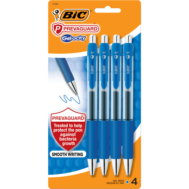 BIC CORP BIC RGGAP4-BLU  Gel-ocity Prevaguard Gel Pens With Antimicrobial Additive, Medium Point, 0.7 mm, Blue Barrels, Blue Ink, Pack Of 4 Pens