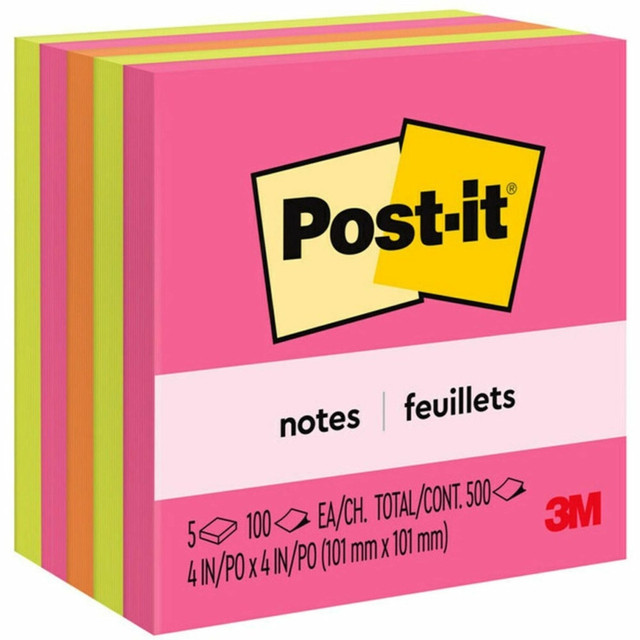 3M 6755AN Post-it Notes - Poptimistic Color Collection - 4in Flag/Note Width x 4in Flag/Note Length - Square - 100 Sheets per Pad - Fuchsia, Neon Green, Neon Orange - Repositionable, Self-adhesive - 5 / Pack