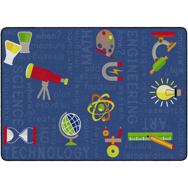 Stimulate interest in the STEAM fields in your students with the Flagship Carpets STEAM Area Rug. This rug features many different symbols associated with science, technology, engineering, the arts and mathematics. This 6.6 continuous filament nylon rug is stainless, dirt resistant and treated with FORCE 5 agent to offer a mildew-resistant, odor-free and antimicrobial design.  STEAM rug helps inspire kids.  Stainless for permanent soil resistance and stain protection.  Treated with FORCE 5 agent to make the rug antimicrobial, odor resistant and mildew resistant.  Made with durable 6.6 continuous filament nylon and bound with double-stitch surge nylon edge.  Eco-conscious choice - has one or more meaningful eco-attributes or eco-labels.  Antimicrobial is an agent that kills microorganisms or stops their growth.  Less harsh chemicals - made with fewer harsh chemicals, or safer chemicals than typical alternatives, helping  reduce your use of and exposure to substances that may be more harmful to your health and the environment.