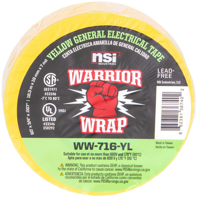 NSI Industries WW-716-YL Electrical Tape; Tape Material: Vinyl ; Width (Inch): 3/4 ; Thickness (mil): 7.0000 ; Color: Yellow ; Series: General Use ; Series Part Number: WW-716-YL