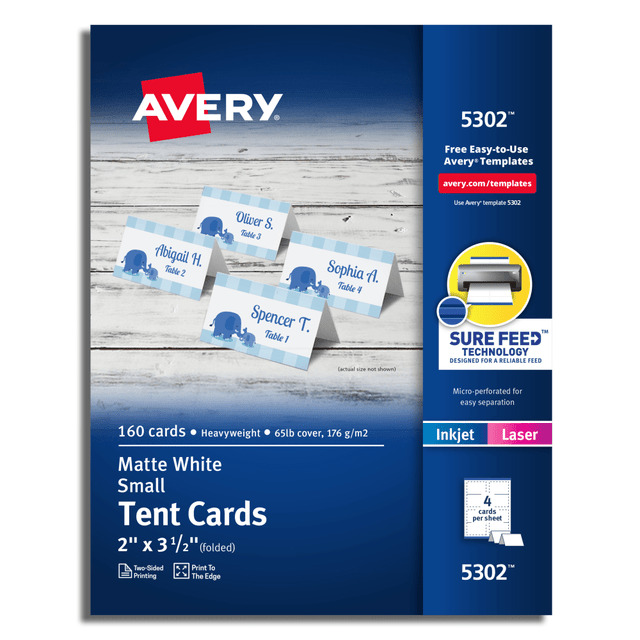 AVERY PRODUCTS CORPORATION 5302 Avery Printable Small Tent Cards With Sure Feed Technology, 2in x 3.5in, White, 160 Blank Place Cards AVERY PRODUCTS CORPORATION 5302 Avery Printable Small Tent Cards With Sure Feed Technology, 2in x 3.5in, White, 160 Blank Place Cards