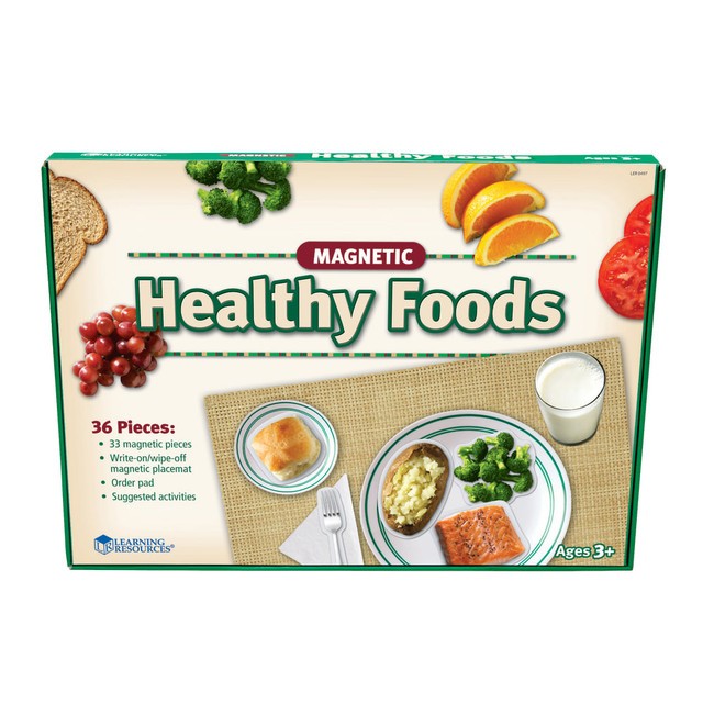 Teaching about healthy choices and meal planning is fun with these illustrated magnetic pieces. Kids can make a grocery list, practice table manners and gain other daily living skills that will serve them for life.  Set includes 33 magnetic pieces, a write-and-wipe magnetic placement, a menu pad and an activity guide.  Magnetic, illustrated food pieces depict items from the 5 food groups to help kids plan nutritious meals.  Suggested activities build a variety of essential life skills through visual learning. Encourages students to plan food purchases, practice good table manners, understand the 5 essential food groups and plan daily meals.  Ideal for preschool to grade 2.