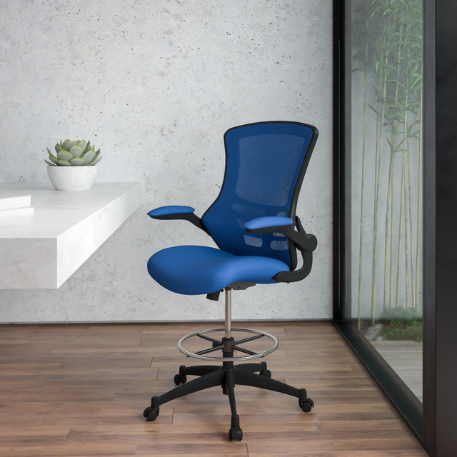 FLASH FURNITURE BLX5MDBLUE  Mid-Back Mesh Ergonomic Drafting Chair with Adjustable Foot Ring and Flip-Up Arms, Blue