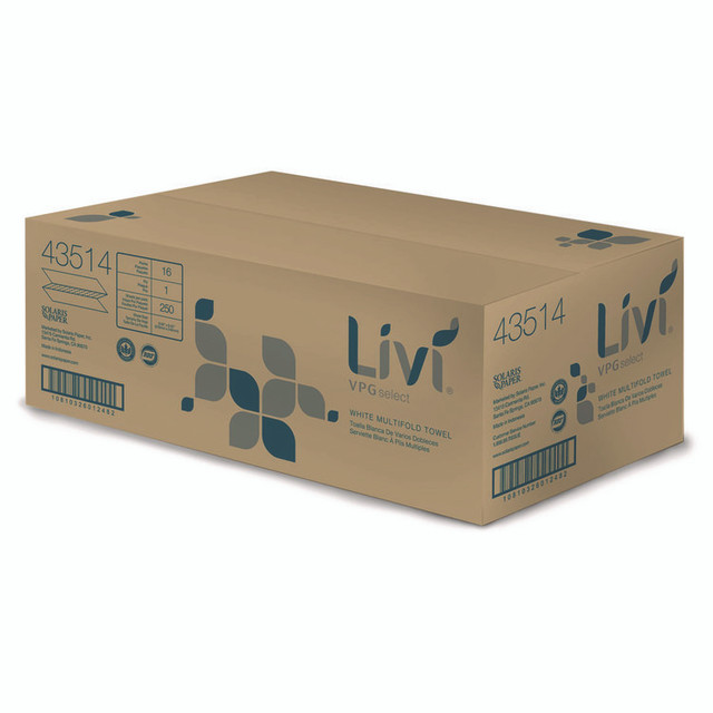 SOLARIS PAPER Livi® VPG Select 43514 Multifold Towel, 1-Ply, 9.45 x, 9.06, White, 250/Pack, 16 Packs/Carton