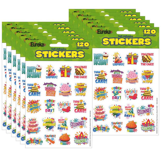 EUREKA Eureka® Birthday Theme Stickers, 120 Per Pack, 12 Packs
