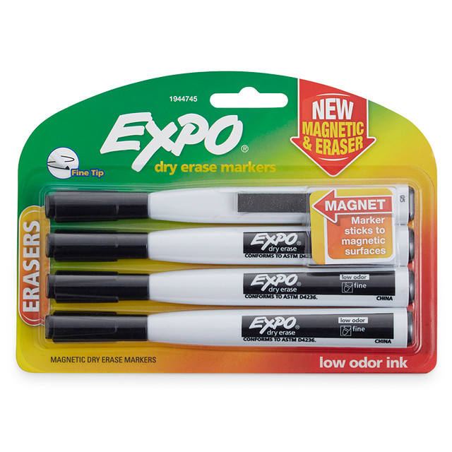 NEWELL BRANDS DISTRIBUTION LLC EXPO® Magnetic Dry Erase Markers with Eraser, Fine Tip, Black, 4-Count