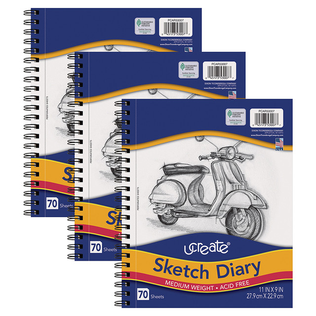 DIXON TICONDEROGA CO UCreate® Sketch Diary, Medium Weight, 11" x 9", 70 Sheets, Pack of 3