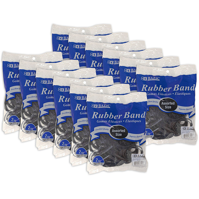 BAZIC PRODUCTS BAZIC Products® Rubber Bands, Assorted Sizes, Black, 2 oz./56.70 g Per Pack, 12 Packs