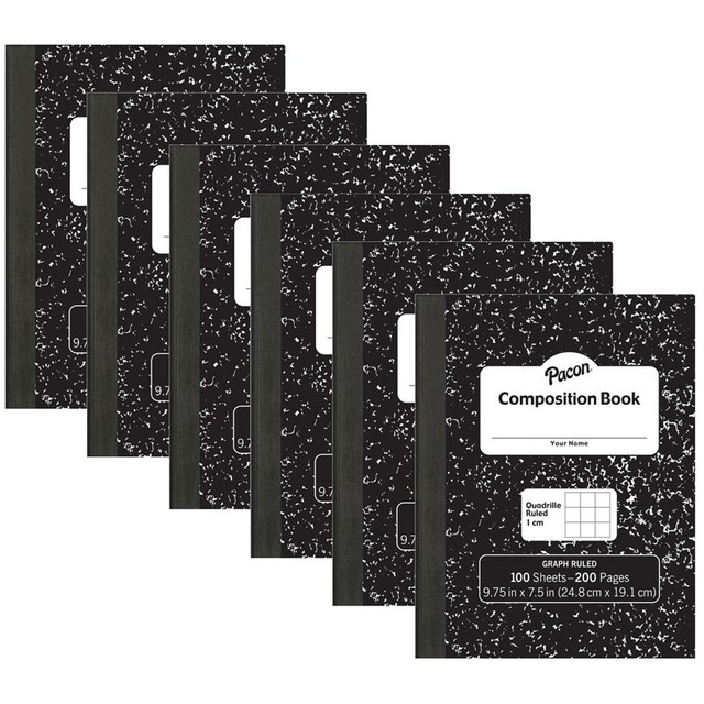 DIXON TICONDEROGA CO Pacon® Composition Book, Black Marble, 1 cm Quadrille Ruled 9-3/4" x 7-1/2", 100 Sheets, Pack of 6