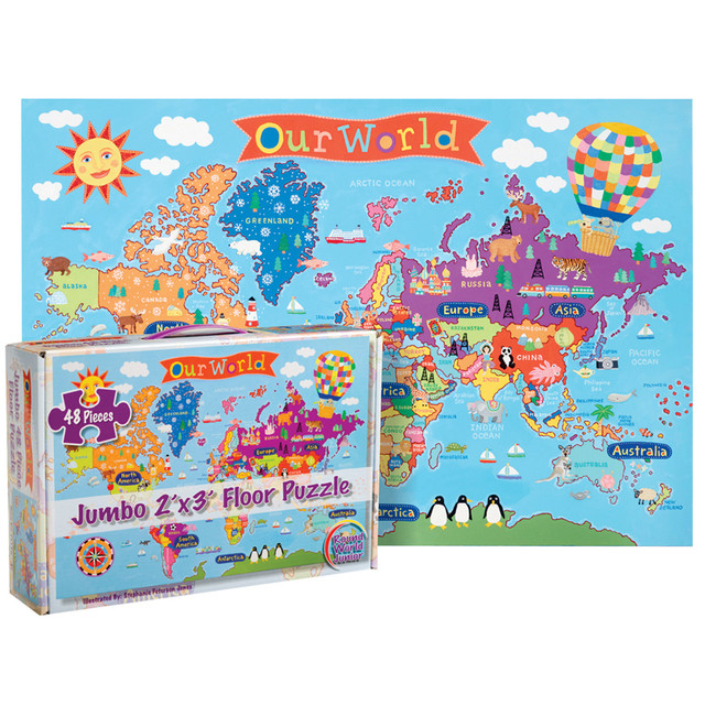 WAYPOINT GEOGRAPHIC Round World Products World Floor Puzzle for Kids, 24"H x 36"L, 48 Pieces