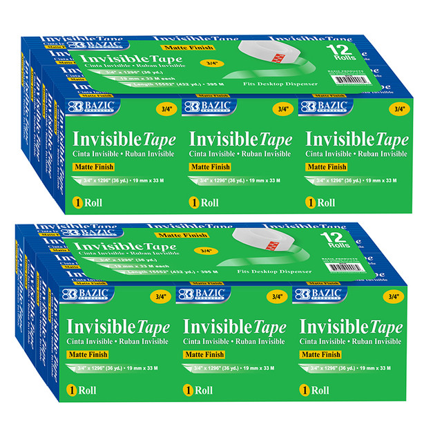 BAZIC PRODUCTS BAZIC Products® Tape Refill, Invisible Tape, 3/4" x 1000", 12 Rolls Per Pack, 2 Packs