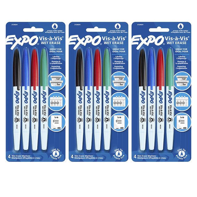 NEWELL BRANDS DISTRIBUTION LLC EXPO® Vis-à-Vis Wet Erase Marker Set, Fine Tip, 4 Colors Per Pack, 3 Packs